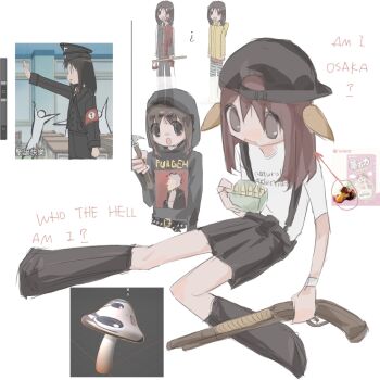 Rule 34 | 1girl, :d, ?, ammunition, anime screenshot inset, arrow (symbol), art program in frame, artist self-reference, azumanga daiou, backwards hat, bare arms, baseball cap, belt, black belt, black eyes, black hat, black hoodie, black shoes, black skirt, black socks, blood, blood on clothes, blood on face, bloody weapon, brown eyes, brown hair, chinese commentary, chinese text, clothes writing, commentary request, cosplay, cropped torso, english text, eric harris, eric harris (cosplay), from above, full body, gun, hair between eyes, hammer, hand up, hat, highres, holding, holding gun, holding hammer, holding weapon, hood, hood up, hoodie, kasuga ayumu, kneehighs, knees together feet apart, leaning forward, long sleeves, looking at viewer, looking down, medium hair, meme, meme inset, miniskirt, multiple views, nazi, nikita lytkin, nikita lytkin (cosplay), no pupils, open mouth, pleated skirt, procreate (software), real life, red arrow and circle (meme), ribbed socks, salute, screenshot inset, shirt, shoes, short sleeves, shotgun, simple background, sitting, skirt, smile, socks, straight-arm salute, straight hair, studded belt, suspender skirt, suspenders, t-shirt, tangguaqiezi, tareme, translation request, true crime, weapon, white background, white shirt, wristband