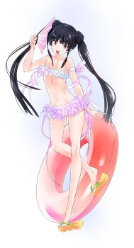 1girl absurdres aqua_bikini aqua_ribbon arm_ribbon bikini bikini_skirt black_hair breasts collarbone commentary_request flip-flops folding_fan frilled_bikini frills full_body fushikawa_kokoro gluteal_fold gradient_bikini gradient_ribbon hand_fan highres holding holding_fan innertube kawagishi_keitarou long_hair looking_at_viewer maji_de_watashi_ni_koi_shinasai! merchandise_available navel open_mouth petite platform_sandals purple_bikini purple_eyes purple_ribbon ribbon sandals small_breasts solo standing standing_on_one_leg strapless strapless_bikini swim_ring swimsuit thighs twintails_with_hair_base