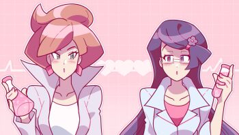 2girls :o beaker black_hair blue_eyes blush breasts brown_hair cardiogram checkered_background close-up collarbone diamond_earrings earrings eyelashes fennel_(pokemon) glasses green_eyes hair_ornament hairclip heart highres holding holding_beaker jewelry lab_coat long_hair long_sleeves looking_at_another loveycloud medium_breasts multiple_girls nail_polish nintendo open_mouth outline pink_background pink_liquid pink_nails pink_shirt pink_theme pokemon pokemon_bw professor_juniper semi-rimless_eyewear shirt short_hair simple_background under-rim_eyewear upper_body white-framed_eyewear white_outline white_shirt