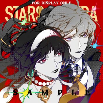 2girls absurdres astra_yao black_coat black_gloves black_hair black_lips blonde_hair coat commentary earrings english_commentary english_text evelyn_chevalier gloves hairband half_gloves highres jacket jewelry long_hair long_ribbon looking_to_the_side mole multiple_girls necklace necktie open_mouth pearl_necklace pendant_choker purple_eyes red_background red_eyes red_jacket red_shrug ring_hair_ornament sample_watermark saskeboom shirt shrug_(clothing) single_half_glove sparkle uneven_bangs upper_body watermark white_hairband white_shirt yellow_necktie yuri zenless_zone_zero