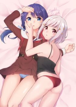 2girls arm_up artist_name ass back black_camisole blue_eyes blue_hair blue_panties blue_ribbon bob_cut breasts brown_dress camisole clothes_lift collarbone colored_inner_hair commentary dated diagonal_bangs dress dress_lift grey_hair hair_ornament hair_ribbon hand_on_another's_cheek hand_on_another's_face haruna_miyabi hasu_no_sora_school_uniform highres interrupted inverted_bob link!_like!_love_live! long_hair long_sleeves looking_at_another looking_at_viewer love_live! low_twintails medium_breasts multicolored_hair multiple_girls murano_sayaka neckerchief on_bed open_mouth panties pantyshot pleated_dress red_eyes red_hair red_neckerchief red_panties ribbon sailor_collar sailor_dress school_uniform short_dress short_hair signature star_(symbol) star_hair_ornament streaked_hair twintails underwear undone_neckerchief virtual_youtuber white_sailor_collar winter_uniform yugiri_tsuzuri yuri