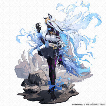 1girl absurdres alternate_breast_size_(larger) alternate_form animal_ears animal_nose blue_hair body_fur breasts commentary dark_persona english_commentary fiery_hair fire_emblem fire_emblem_shadows full_body furry furry_female hair_between_eyes hati_(fire_emblem) highres large_breasts long_hair messy_hair nintendo official_art purple_eyes solo tail very_long_hair