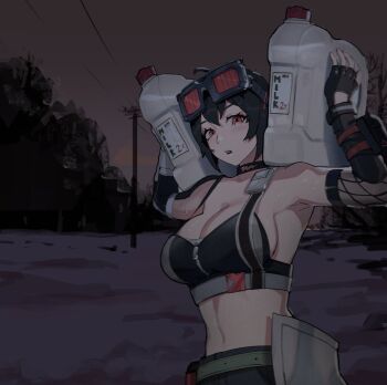 1girl bare_shoulders belt black_choker black_gloves black_hair breasts choker cleavage commentary crop_top english_commentary fingerless_gloves gloves goggles goggles_on_head grace_howard grey_belt highres holding large_breasts looking_at_viewer midriff navel night orange_eyes outdoors short_hair solo stomach uchihaniray upper_body zenless_zone_zero