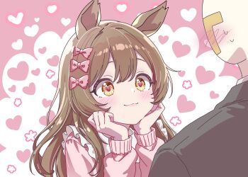 1boy 1girl animal_ears bin_ze_u black_jacket blush bow brown_eyes brown_hair closed_mouth commentary_request hair_between_eyes hair_bow head_rest heart heart_in_eye highres horse_ears horse_girl jacket long_hair long_sleeves looking_at_another pink_bow pink_sweater shirt smart_falcon_(umamusume) smile sweat sweater symbol_in_eye t-head_trainer_(umamusume) trainer_(umamusume) umamusume white_shirt