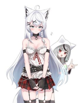 2girls absurdres ahoge alternate_costume animal_ear_fluff animal_ears arm_strap belt black_collar black_gloves black_hair black_thighhighs blurry blurry_background blush braid breasts collar commentary cosplay earrings fingerless_gloves fox_ears fox_girl fox_shadow_puppet fox_tail garter_belt gloves green_eyes grey_hair hair_between_eyes hair_ornament hairclip highres hololive hood hood_up hoodie jewelry kumarang long_hair looking_at_viewer multicolored_hair multiple_girls plaid_clothes plaid_skirt pleated_skirt red_eyes red_skirt sakamata_chloe sakamata_chloe_(1st_costume) sakamata_chloe_(cosplay) shirakami_fubuki shirt sidelocks simple_background single_braid skirt sleeveless sleeveless_shirt small_breasts streaked_hair tail thighhighs virtual_youtuber white_background white_hair white_hoodie white_shirt zettai_ryouiki
