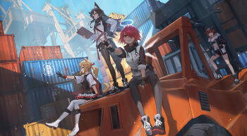 4girls animal_ears arknights belt_buckle black_footwear black_gloves black_hair black_jacket black_legwear black_shorts black_skirt blonde_hair boots buckle commentary croissant_(arknights) dress exusiai_(arknights) fingerless_gloves fur-trimmed_jacket fur_trim gloves hair_over_one_eye hair_ribbon halo highres horns jacket lace-up_boots long_sleeves medium_hair miniskirt multicolored_jacket multiple_girls orange_hair outdoors pantyhose penguin_logistics_(arknights) penguin_logistics_logo pink_hair red_eyes ribbon shipping_container short_dress short_hair short_shorts shorts sitting skirt smile sora_(arknights) standing tail texas_(arknights) ttk_(kirinottk) v white_footwear white_jacket wolf_ears wolf_tail yellow_eyes