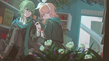 2girls blonde_hair blue_eyes blue_scarf boots bow box cardboard_box coat ear_flower flower grass green_eyes green_hair grey_boots grey_coat grey_pants gumi hair_behind_ear hair_bow hair_flower hair_ornament hairband highres holding holding_flower kagamine_rin lavender_(flower) long_sleeves looking_at_another medium_hair multiple_girls pants rose scarf shelf shirt short_hair sidelocks sweatdrop vocaloid white_bow white_flower white_hairband white_rose white_shirt wounds404 yuri