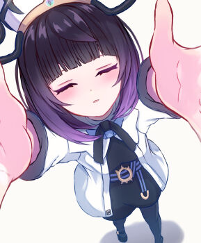 closed_eyes gwynn_(pokemon) highres it_ai pokemon pokemon_legends:_z-a purple_hair short_hair simple_background solo white_background