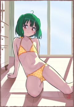 1girl absurdres ahoge bikini elementary_(lolipope) flat_chest green_hair highres loli looking_at_viewer macross macross_frontier navel polka_dot polka_dot_bikini ranka_lee red_eyes smile solo swimsuit