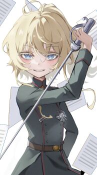 Rule 34 | 1girl, ahoge, belt, black pants, blonde hair, blue eyes, brown belt, buttons, commentary request, cowboy shot, cross, dalhaesi1304, green jacket, hair between eyes, hand on own hip, hand up, high ponytail, highres, holding, holding sword, holding weapon, iron cross, jacket, long hair, long sleeves, looking at viewer, mandarin collar, medal, military, military jacket, military uniform, pants, paper, ponytail, sidelocks, simple background, smile, solo, standing, sword, tanya degurechaff, teeth, wavy hair, weapon, white background, youjo senki