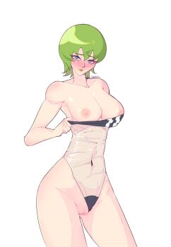 1girl blue_eyes blush breasts commentary covered_navel english_commentary flustered foo_fighters_(jojo) green_hair gris_swimsuit highres jojo_no_kimyou_na_bouken kerbylmaolmao one-piece_swimsuit see-through_clothes see-through_one-piece_swimsuit see-through_swimsuit swimsuit
