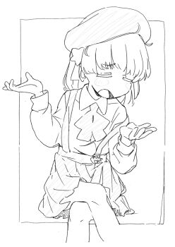 1girl blush collared_shirt hariyama_sugiru hat hatoba_tsugu highres long_sleeves monochrome open_mouth pleated_skirt shirt sitting skirt solo tsugu_(vtuber) twintails