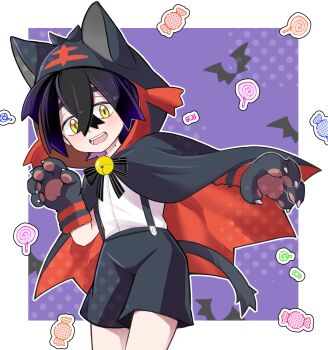 1boy animal_hands animal_hood bell black_hair black_shorts blush candy cape cosplay food gen_7_pokemon gloves hair_between_eyes halloween halloween_costume highres hood hood_up hooded_cape kieran_(pokemon) litten litten_(cosplay) looking_at_another looking_at_viewer male_focus mole mole_on_neck multicolored_hair nintendo open_mouth paw_gloves pokemon pokemon_sv purple_hair shirt shorts solo suspender_shorts suspenders tail totomaru_(pkmn) white_shirt yellow_eyes