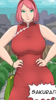 1girl bare_shoulders boruto:_naruto_next_generations breasts closed_mouth day dress facial_mark forehead_jewel forehead_mark green_eyes hairband hands_on_own_hips haruno_sakura large_breasts looking_at_viewer mature_female medium_breasts nail_polish naruto_(series) outdoors pink_hair pink_nails raikageart red_dress red_hairband short_hair sleeveless sleeveless_dress solo speech_bubble