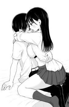 1boy 1girl arm_support artist_name belt blush boku_no_kokoro_no_yabai_yatsu bra breasts commentary_request french_kiss greyscale hetero highres hug ichikawa_kyoutarou kiss large_breasts long_hair monochrome no_shoes one_eye_closed open_clothes open_shirt pants pleated_skirt school_uniform short_hair sitting skirt socks straddling underwear white_background yamada_anna zeroasann