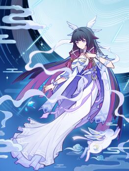 1girl absurdres alternate_costume black_hair breasts cleavage closed_mouth colored_inner_hair columbina_(genshin_impact) commentary_request crescent dress full_body full_moon genshin_impact gradient_hair hagoromo hair_ornament head_wings highres long_hair looking_at_viewer low-tied_sidelocks moon multicolored_hair purple_eyes purple_hair rabbit shawl sidelocks smile solo white_dress wing_hair_ornament wings zeal70233131