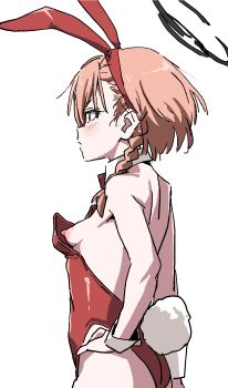 1girl animal_ears black_halo blue_archive blush breasts detached_collar fake_animal_ears fake_tail from_side halo hand_on_own_hip highres leotard neru_(blue_archive) neru_(bunny)_(blue_archive) nipples pink_hair playboy_bunny rabbit_ears rabbit_tail red_leotard simple_background small_breasts solo tail tamaya white_background white_wrist_cuffs wrist_cuffs