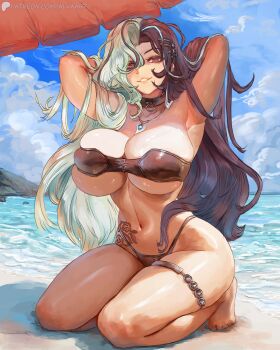 Rule 34 | 1girl, absurdres, alva (artofalva), armpits, arms behind head, arms up, bare arms, bare legs, bare shoulders, barefoot, beach umbrella, bikini, black bikini, black collar, black hair, blue sky, breasts, cloud, collar, commentary, day, ear piercing, english commentary, flower tattoo, full body, goddess of victory: nikke, grin, hair between eyes, hair lift, hair ornament, hairclip, highleg, highleg bikini, highres, hip tattoo, huge breasts, jewelry, kneeling, long bangs, long hair, looking at viewer, multicolored hair, navel, necklace, ocean, on ground, outdoors, parted bangs, parted lips, patreon username, pendant, piercing, red eyes, rosanna (chic ocean) (nikke), rosanna (nikke), shadow, skindentation, sky, smile, solo, split-color hair, star (symbol), star hair ornament, stomach, strapless, strapless bikini, swimsuit, tattoo, thigh strap, two-tone hair, umbrella, underboob, very long hair, wavy hair, white hair