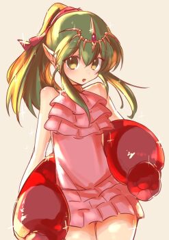 1girl bare_shoulders blush breasts fire_emblem fire_emblem:_mystery_of_the_emblem fire_emblem:_shadow_dragon fire_emblem_heroes green_eyes green_hair hair_ribbon headpiece long_hair nintendo official_alternate_costume one-piece_swimsuit open_mouth pink_one-piece_swimsuit pointy_ears ponytail red_ribbon ribbon simple_background small_breasts smile solo studio_sugimoto swim_ring swimsuit tiara tiki_(fire_emblem) tiki_(young)_(beachside_scion)_(fire_emblem) tiki_(young)_(fire_emblem)