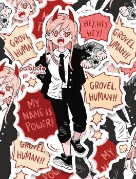 1girl black_necktie black_pants black_shirt chainsaw_man collared_shirt commentary demon_girl demon_horns derivative_work english_commentary english_text fangs full_body horns long_hair long_sleeves looking_at_viewer necktie no_shoes open_clothes open_shirt pants pants_rolled_up patabot pink_hair power_(chainsaw_man) red_eyes shirt speech_bubble standing teeth upper_teeth_only white_shirt