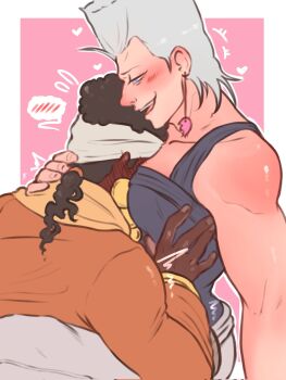 2boys bacchyarts between_pectorals blush dark-skinned_male dark_skin earrings full-face_blush highres jean_pierre_polnareff jewelry jojo_no_kimyou_na_bouken large_pectorals male_focus mohammed_avdol multiple_boys muscular muscular_male pectorals smile spoken_blush stardust_crusaders yaoi