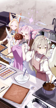 >_< 3girls absurdres adapted_costume alternate_hairstyle angel_wings animal_ear_fluff apron black_scrunchie blonde_hair blue_archive blue_flower blush bright_pupils brown_apron brown_hair closed_mouth commentary_request cookie cooking cowboy_shot cross_halo double_bun dress feathered_wings feeding flower food force-feeding forehead frown hair_between_eyes hair_bun hair_flower hair_ornament hair_scrunchie halo happy highres holding holding_tray indoors kitchen la_la_la_rarmin long_hair long_sleeves low_wings mika_(blue_archive) mittens multiple_girls musical_note nagisa_(blue_archive) parted_bangs pink_apron pink_flower pink_halo ponytail sailor_collar school_uniform scrunchie seia_(blue_archive) serafuku sidelocks slit_pupils smile speech_bubble split_mouth spoken_musical_note standing sweatdrop tea_party_(blue_archive) tears tray v-shaped_eyebrows valentine white_dress white_flower white_pupils white_sailor_collar white_wings wings yellow_apron yellow_halo
