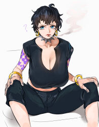 Rule 34 | 1girl, ?, absurdres, arm tattoo, black hair, black pants, black shirt, blue eyes, bracelet, breasts, cigarette, cleavage, collar, doll (one piece), earrings, flower tattoo, hands on own knees, highres, jewelry, joy boy, large breasts, looking to the side, one piece, pants, shirt, short hair, sitting, sleeveless, sleeveless shirt, smoke, smoking, spiked collar, spikes, spread legs, tattoo, white background