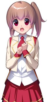 1girl :o ascot blush brown_hair collared_shirt cowboy_shot game_cg hands_up jacket large_variant_set long_hair long_sleeves looking_at_viewer miniskirt nanao_(mahaya) necktie non-web_source ochite_iku_seisenshi_lunatic_angels official_art open_clothes open_jacket open_mouth own_hands_together pleated_skirt red_ascot red_eyes red_necktie red_skirt school_uniform shindou_makina shirt side_ponytail simple_background skirt solo standing straight-on teeth transparent_background upper_teeth_only variant_set white_background white_shirt yellow_jacket