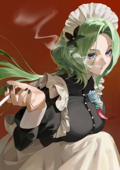 1girl absurdres alternate_costume apron black_dress black_nails blue_eyes blue_flower breasts cigarette commentary_request dress enmaided flower green_hair highres holding holding_cigarette isolde_(zenless_zone_zero) large_breasts long_hair looking_at_viewer maid maid_apron maid_headdress mumu_0221 parted_lips red_background smoking solo squatting zenless_zone_zero