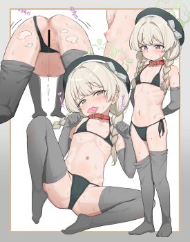 1girl absurdres all_fours animal_collar anus arms_behind_back ass bar_censor bdsm belt_collar beret bikini bikini_bottom_aside black_bikini blue_archive blush braid breasts censored closed_mouth clothing_aside collar condom condom_in_mouth condom_wrapper elbow_gloves full_body gloves green_halo grey_eyes grey_gloves grey_thighhighs halo hat highres loli long_hair looking_at_viewer low_twin_braids m_legs micro_bikini miyo_(blue_archive) motion_lines mouth_hold multiple_views navel nipples no_shoes paw_pose pussy pussy_juice red_collar romu851170 side-tie_bikini_bottom slave small_breasts spread_legs standing sweat swimsuit thighhighs translation_request twin_braids webp-to-png_conversion white_background