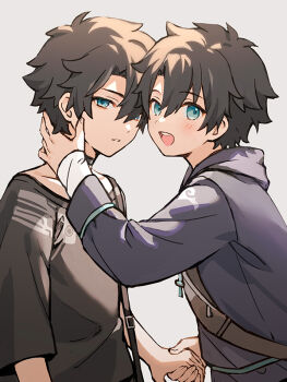 2boys bag black_choker black_hair black_hoodie black_shirt blue_eyes chinese_commentary chocomirukuaji choker commentary_request dual_persona fanny_pack fate/grand_order fate_(series) fujimaru_ritsuka_(male) hand_grab hand_on_another's_neck handbag hood hoodie looking_at_viewer male_focus multiple_boys open_mouth shirt sleeves_past_wrists smile