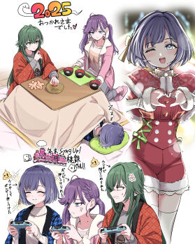3girls ;d absurdres anger_vein arrow_(symbol) blue_eyes blush bowl capelet chopsticks closed_eyes closed_mouth commentary_request controller dice fur-trimmed_capelet fur-trimmed_shorts fur-trimmed_sleeves fur_trim gakuen_idolmaster game_controller green_eyes green_hair grey_pants grey_shirt hair_intakes hataya_misuzu highres holding holding_bowl holding_tray idolmaster jacket kaya_rinha kotatsu long_hair long_sleeves lying mole mole_on_neck mole_under_mouth multiple_girls on_side one_eye_closed open_clothes open_jacket open_mouth pants pink_jacket pink_slippers pink_socks pizzasi purple_hair red_capelet red_shirt red_shorts santa_costume shirt shorts sleeping sleeves_past_wrists slippers smile socks sparkle sweater table thighhighs train translation_request tray tsukimura_temari under_kotatsu under_table very_long_hair white_sweater white_thighhighs wooden_floor zzz