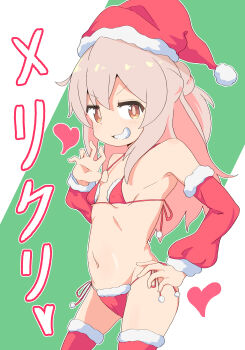 1girl absurdres bare_shoulders bikini breasts brown_eyes commentary cowboy_shot fur-trimmed_headwear fur-trimmed_sleeves fur-trimmed_thighhighs fur_trim green_background grin hair_between_eyes half_updo hand_on_own_hip hat heart highres loli long_hair long_sleeves micro_bikini namari_siro navel onii-chan_wa_oshimai! outline oyama_mahiro pink_hair pom_pom_(clothes) red_bikini red_hair red_thighhighs santa_bikini santa_costume santa_hat side-tie_bikini_bottom simple_background small_breasts smile solo stomach swimsuit thighhighs translated two-tone_background white_background white_outline
