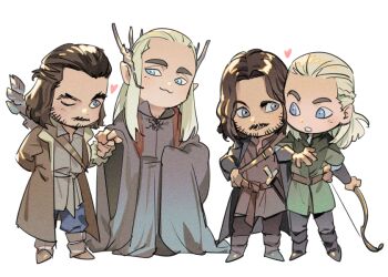4boys :3 aragorn arm_around_waist arm_behind_back bard_(the_hobbit) beard black_boots black_coat black_pantyhose blonde_hair blue_eyes blue_pants boots bow_(weapon) braid brown_boots brown_coat brown_hair brown_shirt chibi chibi_only coat commentary_request crown elf facial_hair green_tunic grey_eyes grey_pants grey_robe grey_shirt half_updo hand_on_own_hip holding holding_bow_(weapon) holding_hands holding_weapon legolas light_blush long_coat long_hair looking_at_another male_focus medium_hair multiple_boys mustache one_eye_closed pants pantyhose parted_lips pointy_ears quiver robe shirt side_braid sword tatsumi_(psmhbpiuczn) the_hobbit the_lord_of_the_rings thick_eyebrows thranduil tolkien's_legendarium tunic weapon white_background wide_sleeves yaoi