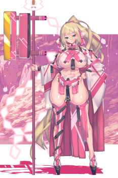 bare_hips blonde_hair blue_eyes breasts commission groin hair_between_eyes hip_bones holding holding_staff japanese_clothes long_hair miko muscular muscular_female nontraditional_miko original pelvic_curtain pixiv_commission revealing_clothes satoyasu science_fiction shiny_skin sideboob skindentation staff thick_thighs thighhighs thighs underboob very_long_hair virtualcity-ex