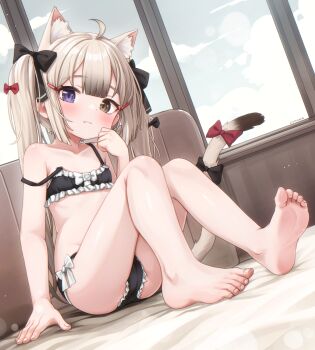 1girl ahoge animal_ear_fluff animal_ears bare_legs barefoot black_bow black_bra black_panties blush bow bra breasts brown_eyes cat_ears cat_girl cat_tail closed_mouth commentary comodox dutch_angle english_commentary extra_ears fang fang_out frilled_panties frills full_body grey_hair hair_bow hair_ornament hairclip heterochromia highres knees_up lingerie loli long_hair looking_at_viewer nono_(comodox) original paid_reward_available panties purple_eyes red_bow sitting skin_fang small_breasts soles solo tail tail_bow tail_ornament toes twintails underwear underwear_only