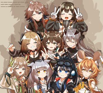 6+girls arknights astgenne_(arknights) bird_girl closed_eyes dorothy_(arknights) double_v dragon_horns feather_hair fingerless_gloves glasses gloves goggles goggles_on_head highres horns ifrit_(arknights) looking_at_viewer magallan_(arknights) mayer_(arknights) monn_itsu muelsyse_(arknights) multiple_girls one_eye_closed open_mouth owl_ears owl_girl ptilopsis_(arknights) rhine_lab_(arknights) rhine_lab_logo saria_(arknights) semi-rimless_eyewear silence_(arknights) silence_the_paradigmatic_(arknights) smile under-rim_eyewear v