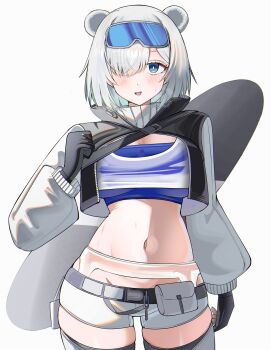 1girl absurdres animal_ears arknights arknights:_endfield arm_at_side aurora_(arknights) black_gloves blue_eyes blush bright_pupils cowboy_shot crop_top diamond-shaped_pupils diamond_(shape) eyes_visible_through_hair gloves goggles goggles_on_head hair_over_one_eye hand_up highres long_sleeves looking_at_viewer micro_shorts midriff navel open_mouth short_hair shorts simple_background ski_goggles smile snowshine_(arknights) solo spam_(spamham4506) standing sweat symbol-shaped_pupils white_background white_hair white_pupils white_shorts