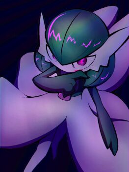 1girl blood blood_on_face blue_background bob_cut colored_skin dark female_focus gardevoir gen_3_pokemon green_hair green_skin hair_between_eyes looking_at_viewer multicolored_skin nintendo no_feet no_mouth pink_blood pokemon pokemon_(creature) red_eyes serious short_hair solo standing two-tone_skin white_skin wiping_blood yuri_(fl0werspace)