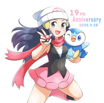 1girl :d absurdres anniversary aogaeru_(pixiv46613656) beanie black_hair black_socks boots commentary_request dated dawn_(pokemon) eyelashes gen_4_pokemon grey_eyes hair_ornament hairclip hand_up hat highres holding holding_poke_ball holding_pokemon kneehighs long_hair nintendo open_mouth pink_boots pink_skirt piplup poke_ball poke_ball_(basic) pokemon pokemon_(creature) pokemon_dppt scarf shirt skirt sleeveless sleeveless_shirt smile socks white_hat