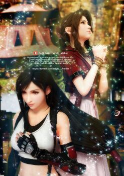 2girls 3d aerith_gainsborough black_gloves black_hair bracelet braid breasts brown_hair cropped_jacket dress earrings final_fantasy final_fantasy_vii final_fantasy_vii_remake fingerless_gloves gainsborough_house gloves green_eyes hair_ribbon hand_on_own_chest house jacket jewelry large_breasts long_dress long_hair looking_down looking_up low-tied_long_hair medium_breasts multiple_girls outdoors own_hands_clasped parted_bangs patreon_username pink_dress pink_ribbon red_eyes red_jacket ribbon shirt sidelocks smile square_enix suspenders tifa_lockhart twitter_username upper_body white_atelier white_shirt