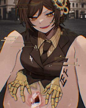 1girl after_vaginal aftersex belt body_writing breasts brown_eyes brown_hair brown_necktie censored coat collared_shirt commentary_request cum dark-skinned_female dark_skin earrings gauntlets gears glitch highres jacket jewelry korean_commentary large_breasts limbus_company long_sleeves mosaic_censoring necktie outis_(project_moon) pinstripe_pattern pinstripe_shirt project_moon pussy shirt short_hair solo spread_pussy t_corp._(identity)_(project_moon) tally yellow_eyes yellow_shirt yippee