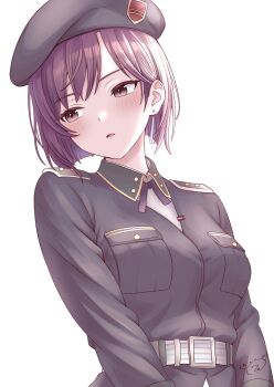 1girl belt beret black_jacket blush breast_pocket breasts brown_eyes brown_hair earrings hat heaven_burns_red highres jacket jewelry kanikure12 long_sleeves looking_to_the_side medium_breasts military military_jacket military_uniform parted_lips pocket purple_hair shirt short_hair simple_background solo tezuka_saki upper_body white_background
