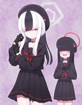 2girls absurdres alternate_costume beret black_choker black_hair black_serafuku black_skirt blue_archive blush choker cosplay halo hat highres justice_task_force_member_(blue_archive) justice_task_force_member_(blue_archive)_(cosplay) kayoko_(blue_archive) long_hair long_sleeves multicolored_hair multiple_girls neckerchief pleated_skirt red_eyes red_neckerchief school_uniform serafuku shiroiurushi skirt streaked_hair white_hair