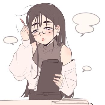 1girl alien_stage alternate_costume bare_shoulders black_hair blank_speech_bubble clipboard coldmeow commentary earrings english_commentary highres holding holding_clipboard holding_pen jewelry long_hair off-shoulder_shirt off_shoulder official_alternate_hair_length official_alternate_hairstyle open_mouth pen shirt sleeveless sleeveless_shirt solo speech_bubble sphere_earrings sua_(alien_stage) white_shirt