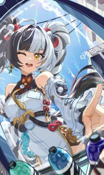 1girl absurdres ahoge aqua_nails bare_shoulders black_hair blue_sky bottle braid braided_twintails bupa_chila cable china_dress chinese_clothes cloud detached_sleeves dialyn_(zenless_zone_zero) dress earrings hair_extensions hair_intakes hair_ornament hashtag-only_commentary highres jewelry long_hair looking_at_viewer multicolored_hair necktie one_eye_closed open_mouth panda_hair_ornament ring_hair_extensions sky solo sparkling_eyes split-color_hair vending_machine white_dress white_hair yellow_eyes yellow_necktie zenless_zone_zero