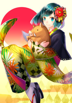 Rule 34 | 1girl, animal, animal hug, blue eyes, blue hair, capelet, chinese zodiac, commentary request, hair ornament, highres, holding, holding animal, japanese clothes, kanzashi, kimono, long sleeves, looking at viewer, multicolored hair, new year, okobo, original, platform sandals, purple hair, sandals, short hair, shumizoku, smile, wide sleeves, year of the pig
