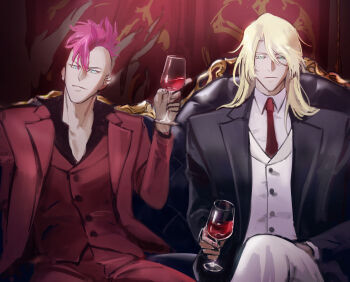 Rule 34 | 22nae2, 2boys, bazz-b, black jacket, black shirt, bleach, bleach: sennen kessen-hen, blonde hair, blue eyes, collared jacket, collared shirt, commentary request, couch, crossed legs, cup, drinking glass, earrings, formal clothes, green eyes, hair between eyes, half-closed eyes, highres, holding, holding cup, jacket, jewelry, jugram haschwalth, korean commentary, long hair, looking at viewer, looking to the side, male focus, mohawk, multiple boys, necktie, on couch, open clothes, open jacket, pants, pink hair, popped collar, quincy (bleach), red jacket, red necktie, red pants, red vest, shirt, sitting, sternritter, suit, vest, white pants, white shirt, wine glass