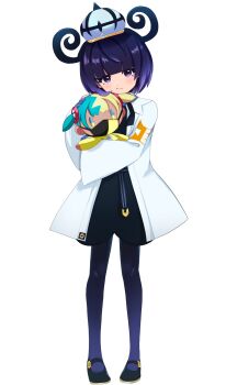 1girl aqua_hair black_dress black_hair blonde_hair blue_eyes blue_gloves blunt_bangs blush bob_cut canari_(pokemon) closed_mouth coat dark_skin dodotsuki doll dress gloves gradient_hair gwynn_(pokemon) hat highres jacket long_sleeves looking_at_viewer mask mouth_mask multicolored_hair nintendo open_clothes open_coat partially_fingerless_gloves pokemon pokemon_legends:_z-a purple_eyes purple_hair short_hair short_twintails split-color_hair twintails two-tone_hair white_coat yellow_jacket