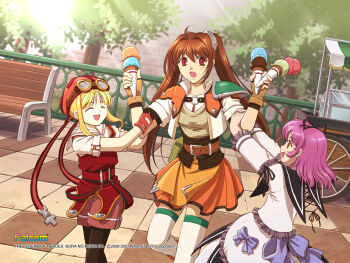 00s 2007 3girls belt blonde_hair brown_eyes brown_hair company_name copyright_name day dress dutch_angle eiyuu_densetsu estelle_bright closed_eyes falcom fingerless_gloves food gloves goggles goggles_on_head hair_intakes hat ice_cream ice_cream_cone pantyhose_under_shorts long_hair multiple_girls official_art orange_dress orange_skirt outdoors pantyhose pavement pink_shorts red_eyes renne_(eiyuu_densetsu) shorts skirt smile sora_no_kiseki thighhighs tita_russell tree twintails white_legwear zettai_ryouiki